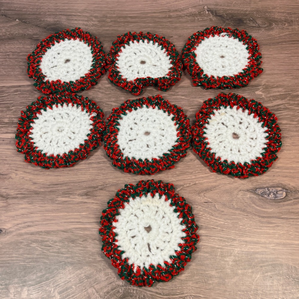 Handmade Crochet Knit Coasters Red Green White Christmas Holidays Set of 7